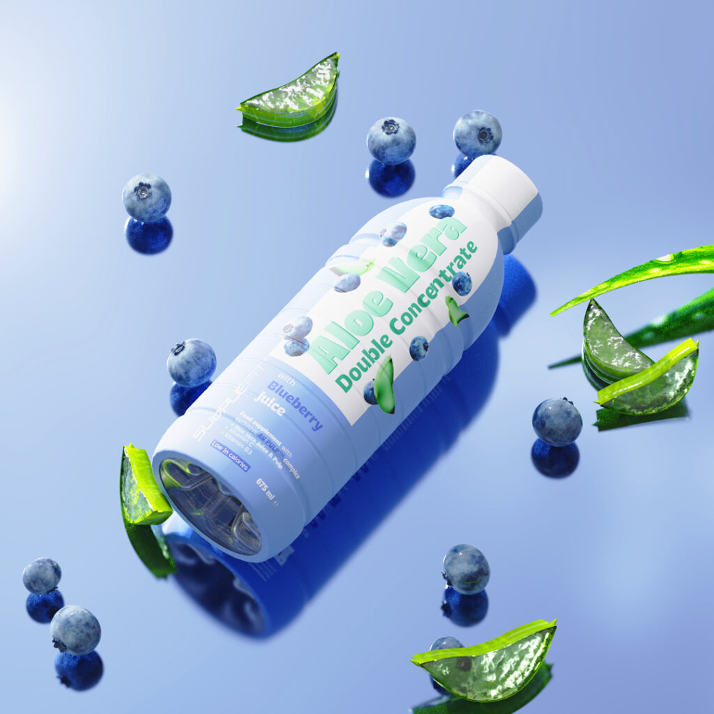 jus et pulpe d’aloe vera avec jus de myrtille – 675 ml